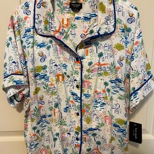 NWT! Kate Spade Coastal Vacation Short Sleeve Notch Collar Long Satin Pajama Set